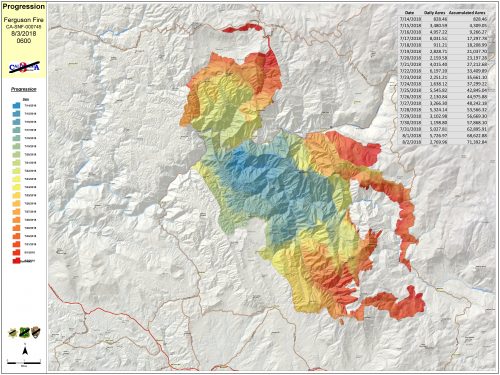 Ferguson Fire propgression map 8-3-18